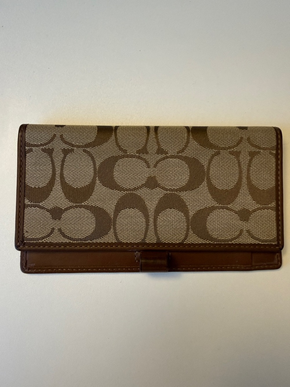 Coach Brown Signature Canvas checkbook sleeve with Leather Trim